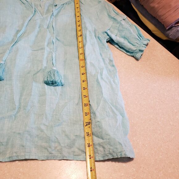 Talbots Blue Tassel Tie Neck Short Sleeve Linen Blouse Large - Picture 9 of 9